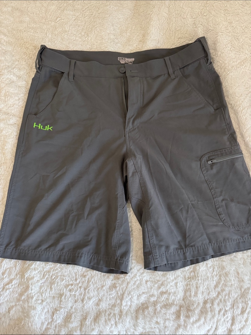 Huk Gray Hybrid Fishing Shorts with Lime Logo